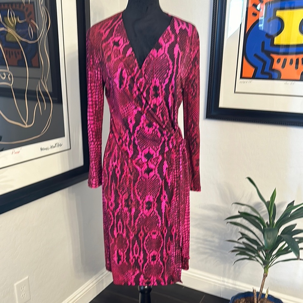 Anne Klein Hot Pink Snake Print Long Sleeve Wrap Dress